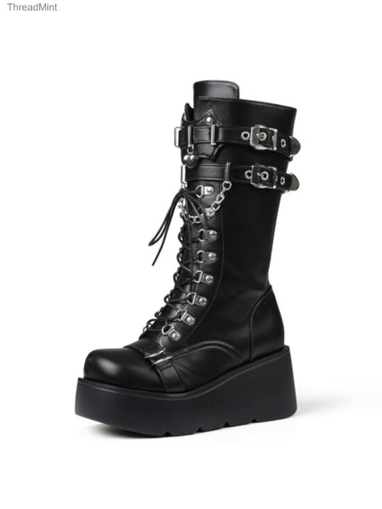 Shoes - Womens Gothic Combat Boots Chunky Wedge Heel Lace Up Mid Calf Platform